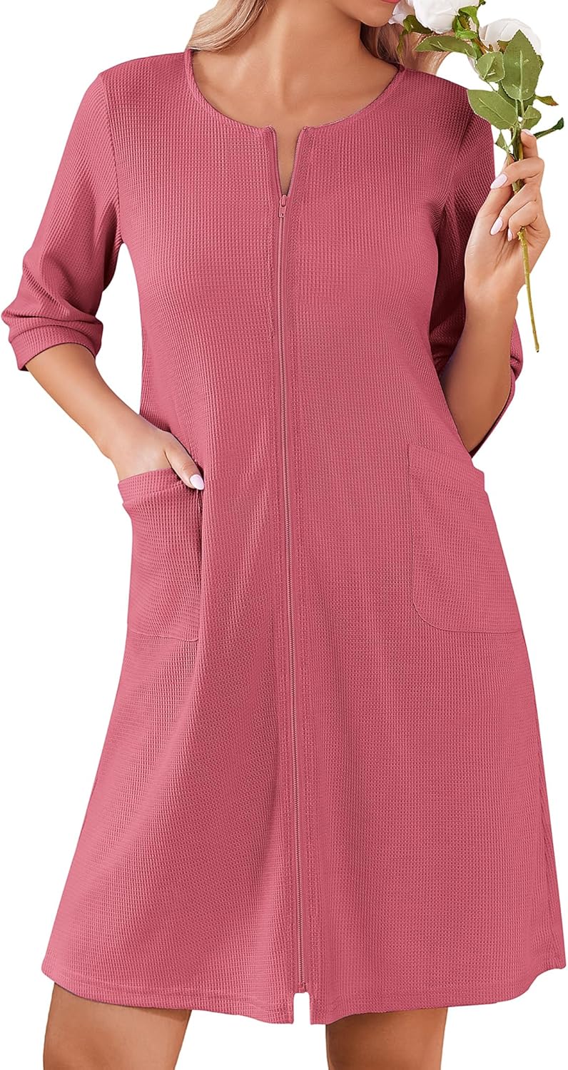 Ekouaer Women Zipper Robes Knee Length Waffle Knit Bathrobe Lightweight House Coat with Pockets 3/4 Sleeves Loungewear S-3XL