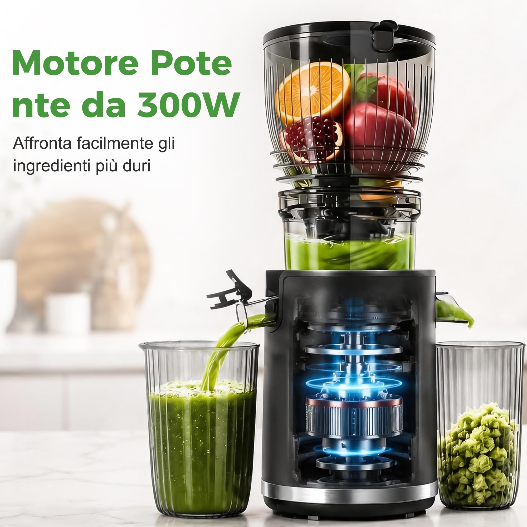 YASHE Estrattore di Succo Lento 300W, Bocca 148 mm per Frutta e Verdura Intera, Slow Juicer con Funzione Inversa, Motore Silenzioso, Senza BPA, Facile da Pulire