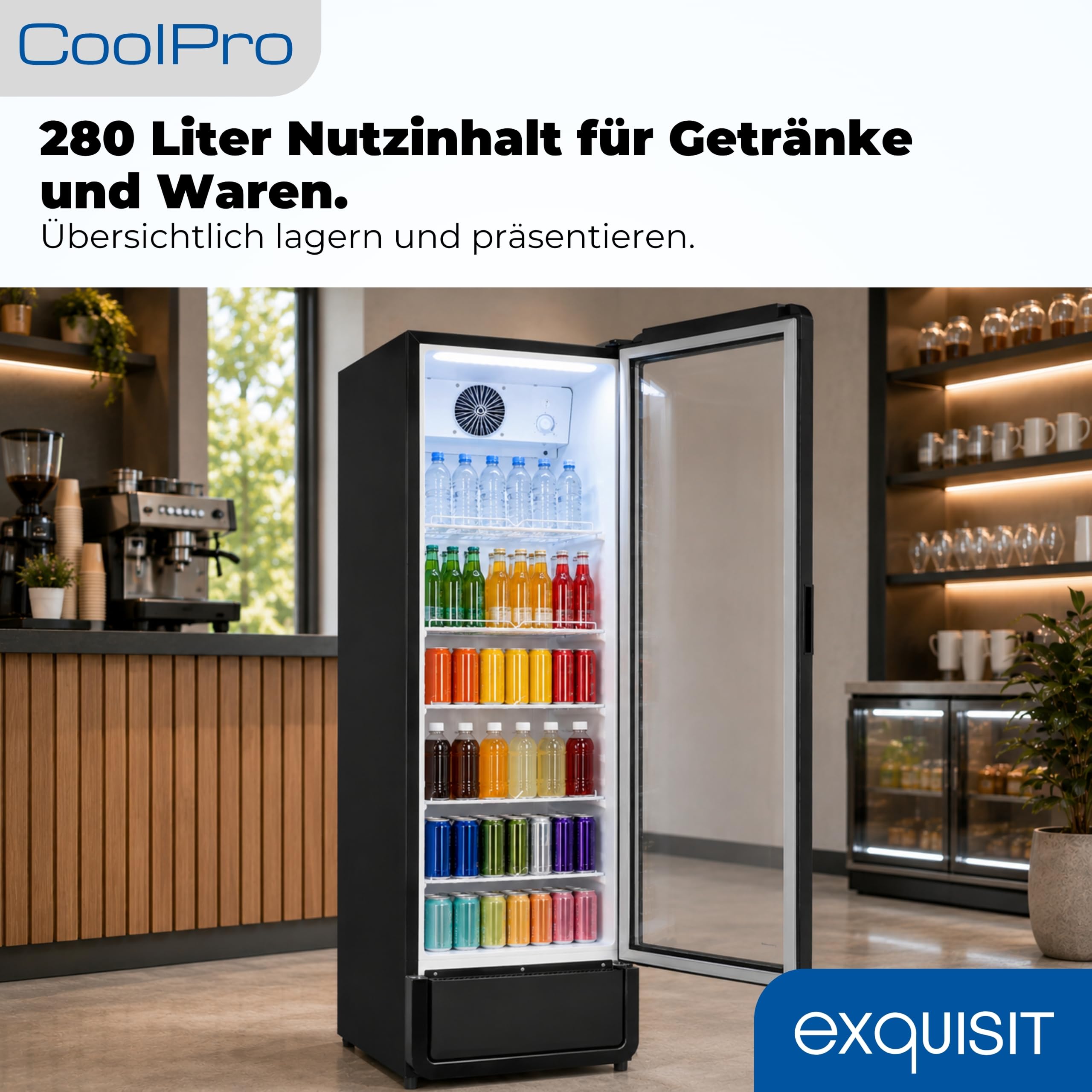 Exquisit Getränkekühlschrank 280 l Gastro Kühlschrank mit Glastür Umluft-Kühlung LED-Beleuchtung 5 verstellbare Ablagen Schwarz