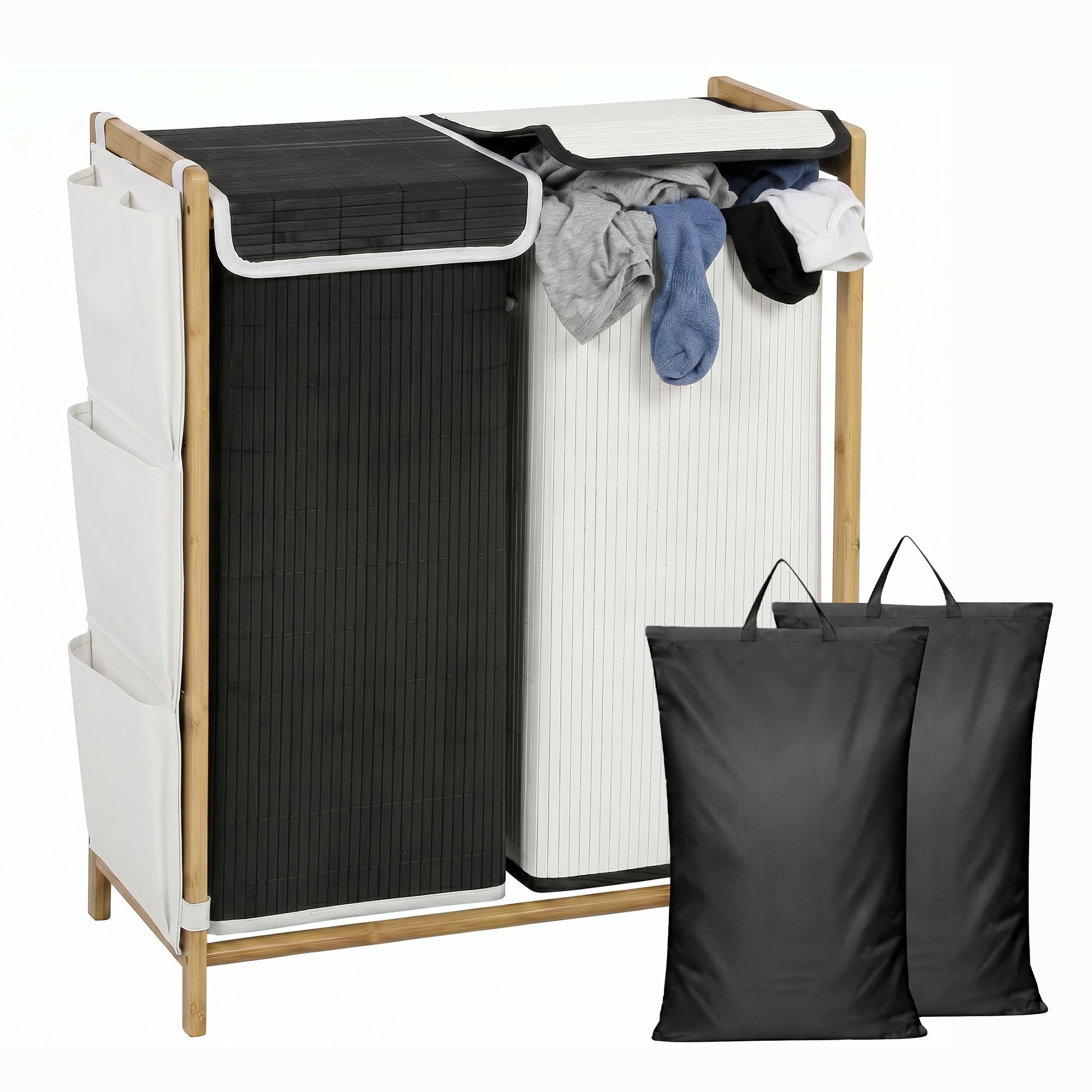 HOMCOM Cesto Portabiancheria 2 Scomparti 120L Coperchi Bambù Nero/Bianco | Tasche Laterali, Sacchi Estraibili, Grande Cesto Biancheria Sporca, per Camera da Letto e Bagno
