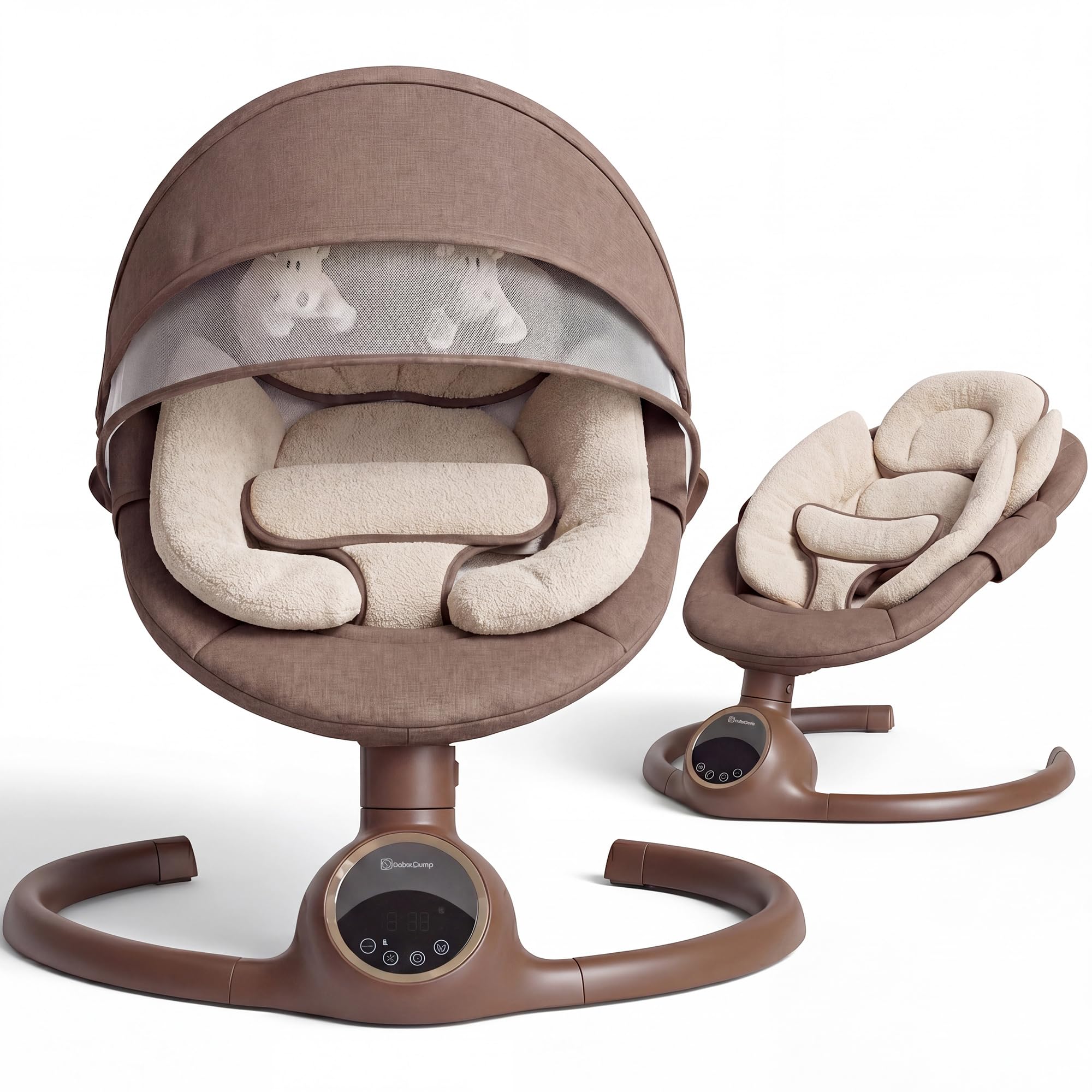 BEBE2LUXE ALPHA, Sdraietta dondolo automatico per neonato fino a 9 kg, Altalena Eletrica con Melodie, Telecomando, touch screen LED, Regolazione dello schienale, Timer, silenzioso (Cioccolato)