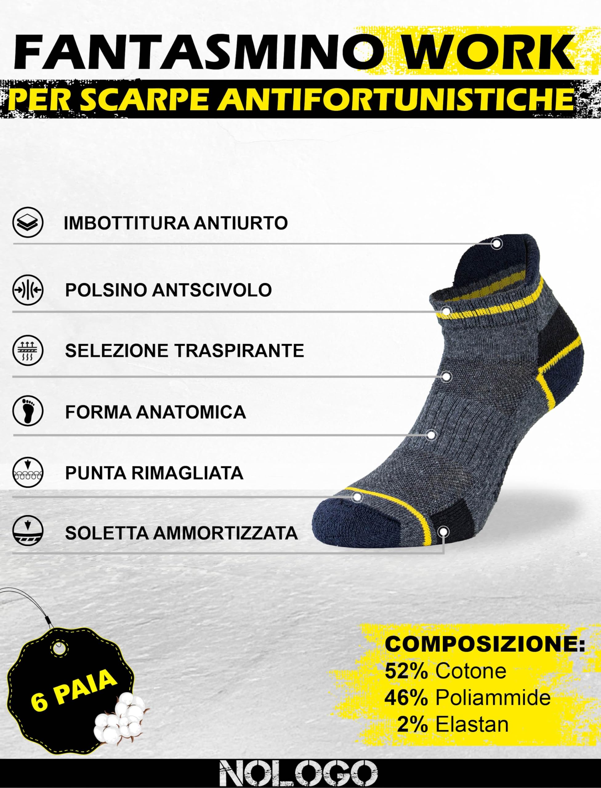 Calze da Lavoro Uomo Donna 6 Paia - Calzini Uomo Cotone, Calze per Scarpe Antinfortunistiche, Calzini Anti vesciche, Traspiranti, Super Resistenti