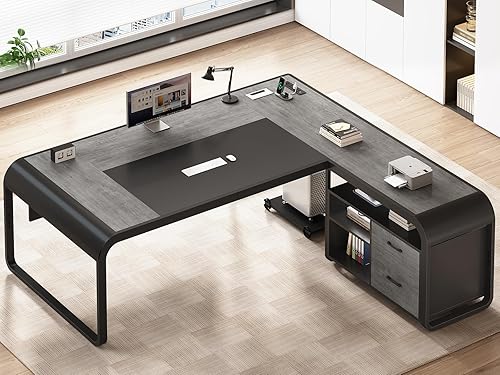 Miniatura 6 de SEDETA Escritorio ejecutivo de 63 pulgadas, escritorio de oficina grande con cajón de archivos, escritorio en forma de L con cajones, escritorio de