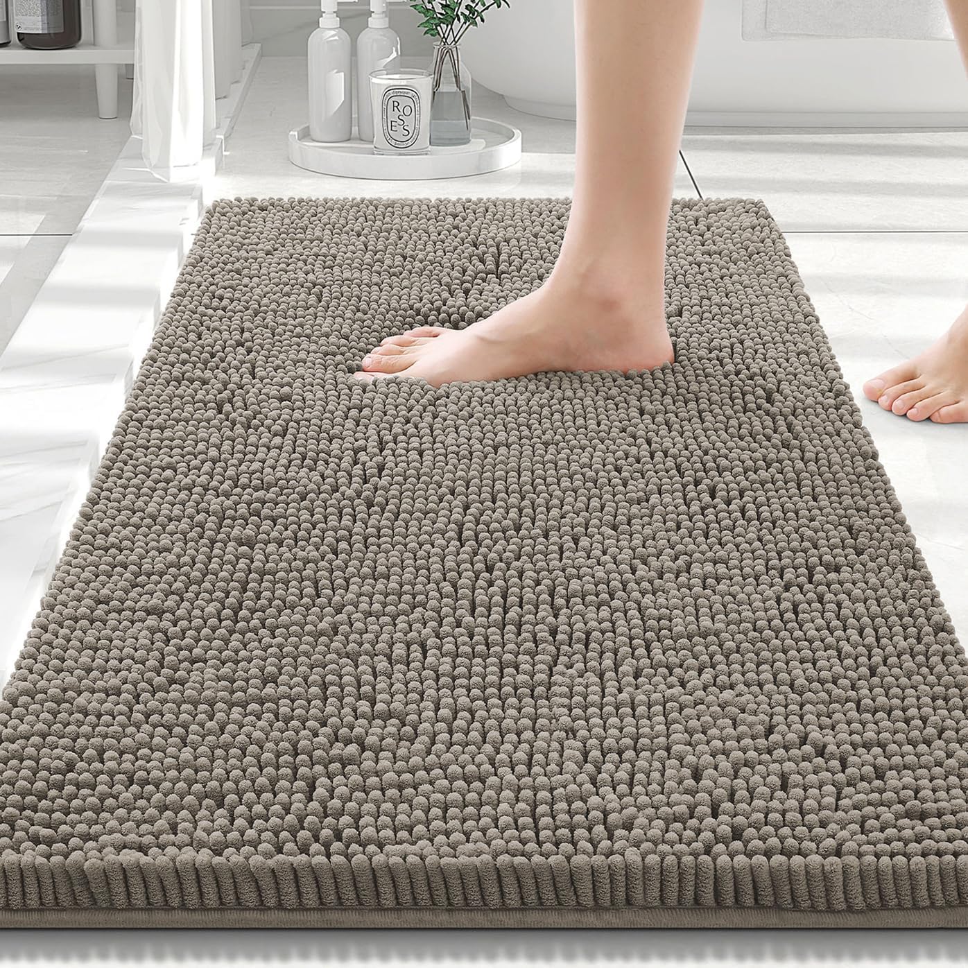 smiry luxury chenille bathroom rugs 30x20, extra soft and absorbent shaggy bath mat, machine washable, non-slip plush carpet runner for tub, shower, and floor, home decor accessories, latte