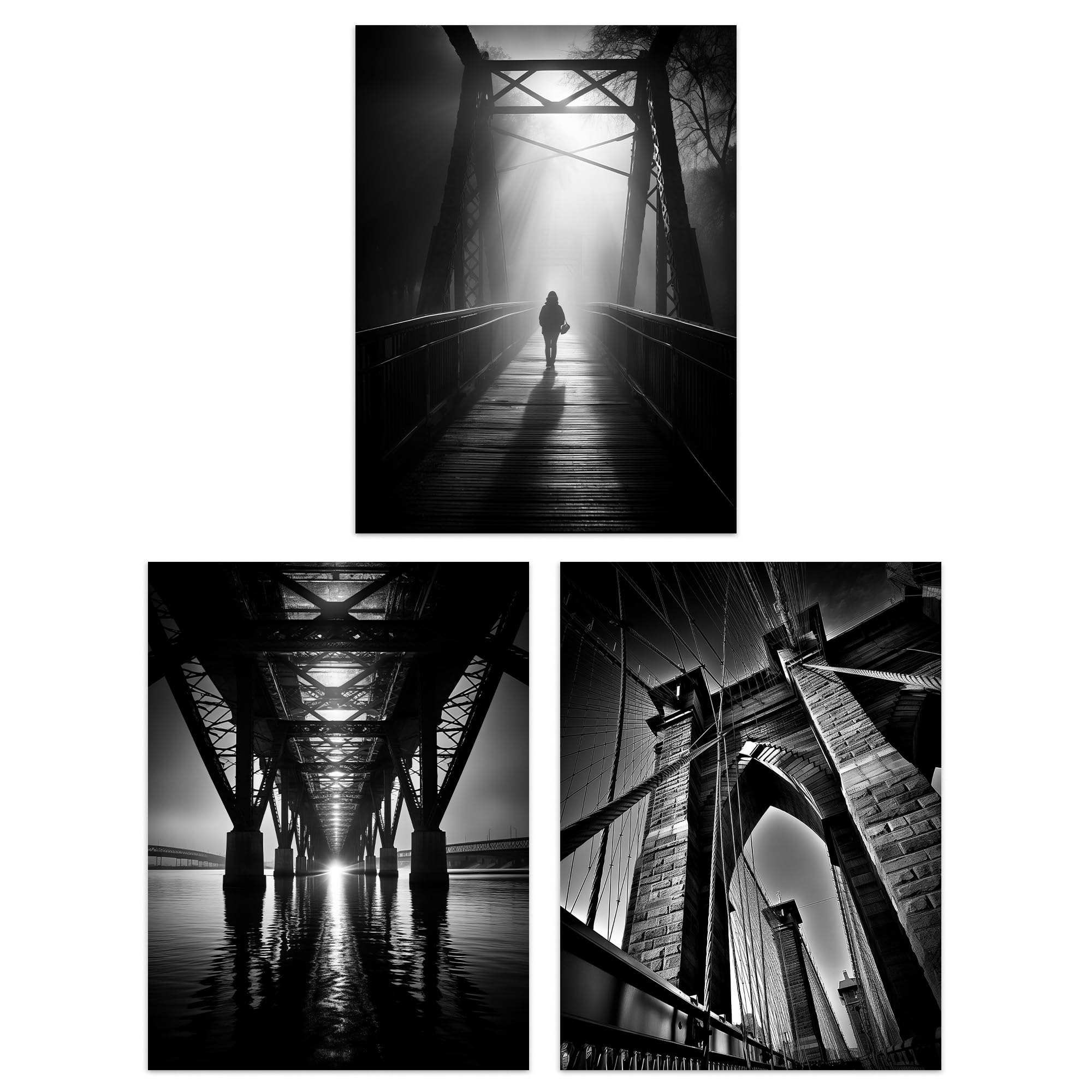 Artery8 Black & White Bridges - Set Of 3 Set Of 3 A4 Black And White Bridges Atmospheric Photographs In Different Angles Unframed Wall Art Living Room Poster Prints Pack