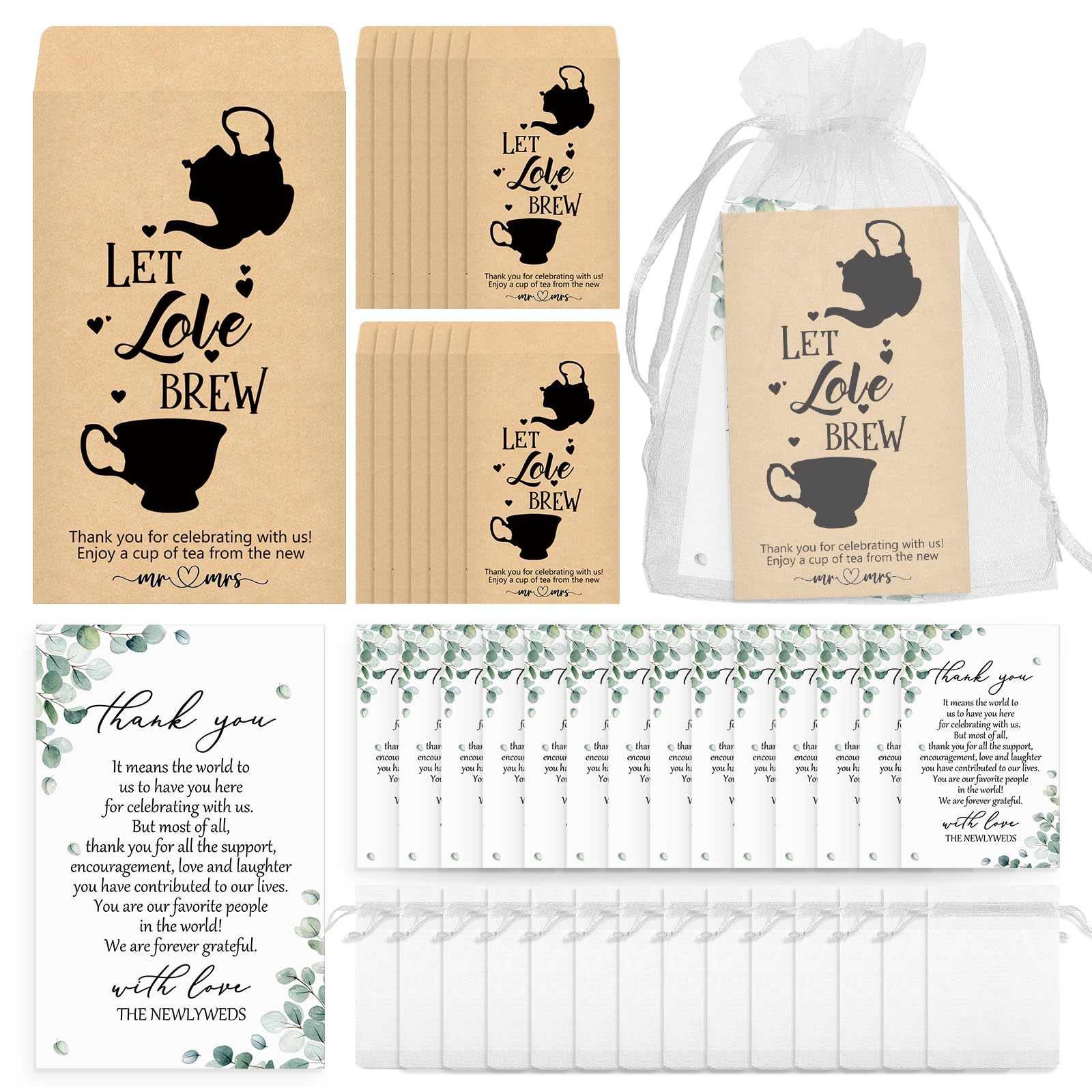 ReliThick 100 Sets Wedding Favors for Guests Bulk Self Adhesive No Tea Packets Kraft Paper Envelopes with Thank You Cards Organza Bags Thank You Gifts
