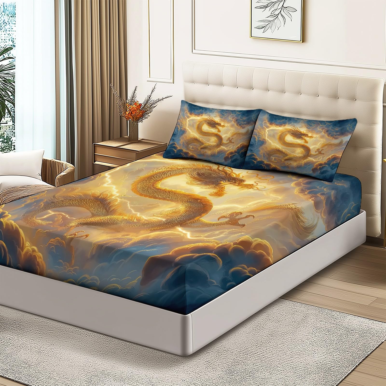 Juego de sábanas bajeras ajustables para adultos, 140 x 200 cm, suave, transpirable, microfibra, estampado oriental, tradicional, diseño de dragón, para niños, niñas, adolescentes, color gris y azul