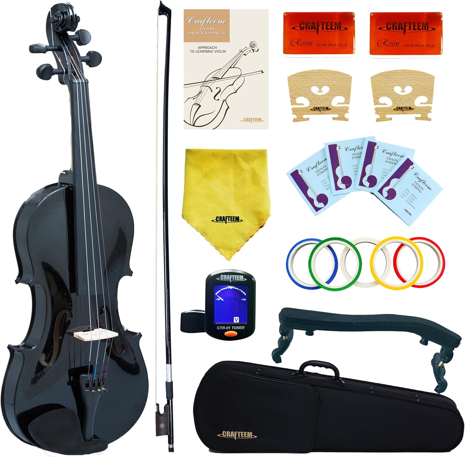 1/2 Fiddle Black Colored Premium Violin Outfit for Beginners Adults Kids With 5 Color Fingering Tape- Handcrafted Student Beginner Violin.(Black, 1/2) 1/2 Black