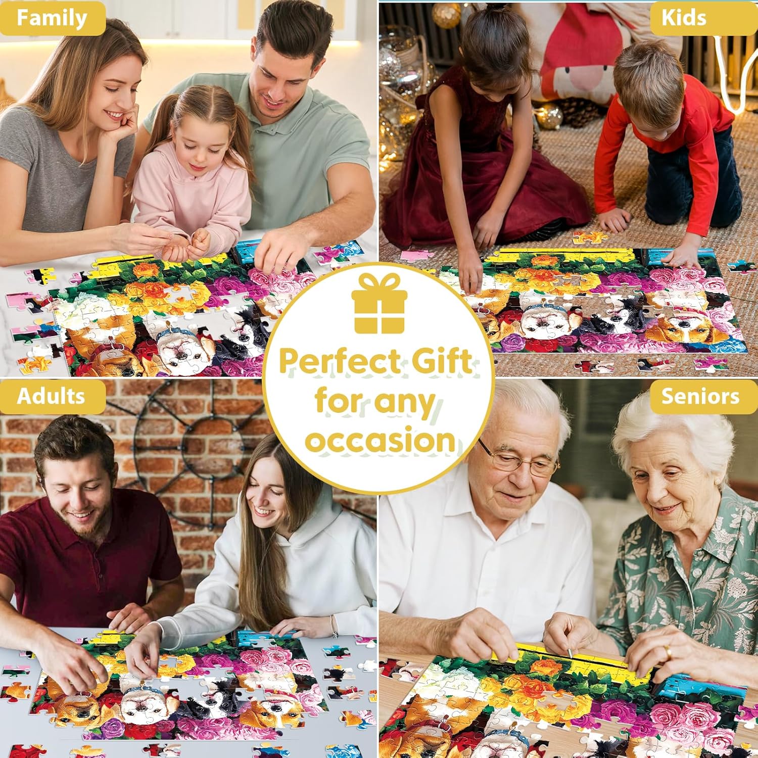 100 Piece Puzzles for Kids Ages 4-6 6-8 8-10 – Dogs Puzzles & Flower Jigsaw Puzzle, Large Piece Puzzles for Kids Adults Seniors, Cute Animal Puzzle Toys, Educational Learning Gifts for Boys Girls