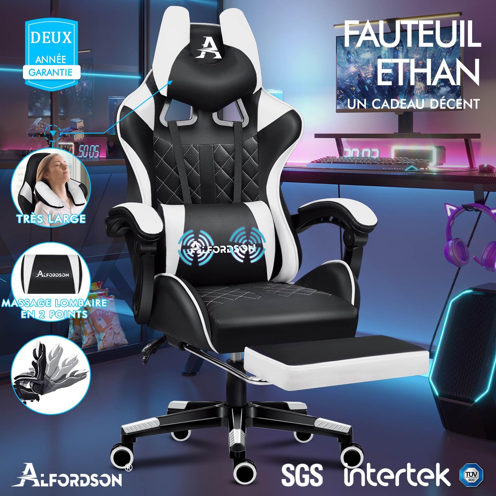 ALFORDSON Chaise de bureau avec massage, fauteuil gamer, ergonomique, avec repose-pieds, coussin lombaire pivotant, capacité de charge de 180 kg, cyan