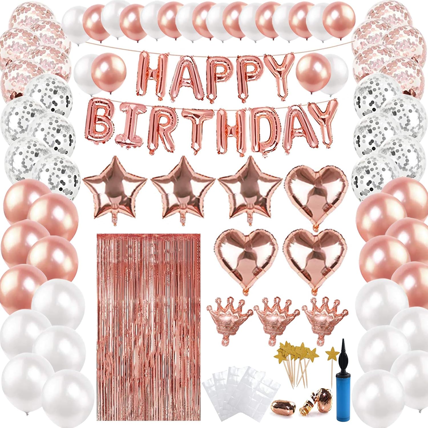 100 pcs Rose Gold Birthday Party Decorations,Happy Birthday Banner Latex Balloon with Foil Balloon Balloon Pump Star Heart Foil Balloons