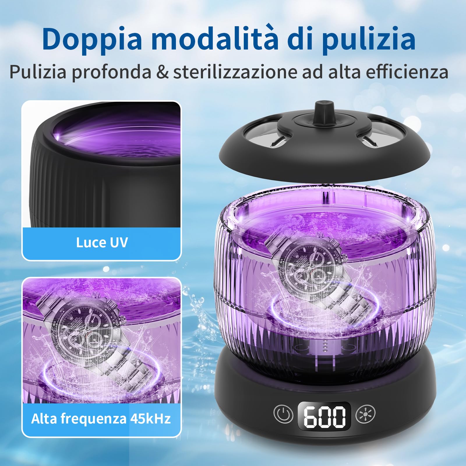 Pulitore Ultrasuoni con Lampada UV | 45000Hz | 190ML | Portatile | Pulitore Ultrasuoni per Apparecchio Denti, Bite, Protesi Dentali, Allineatori e Gioielli