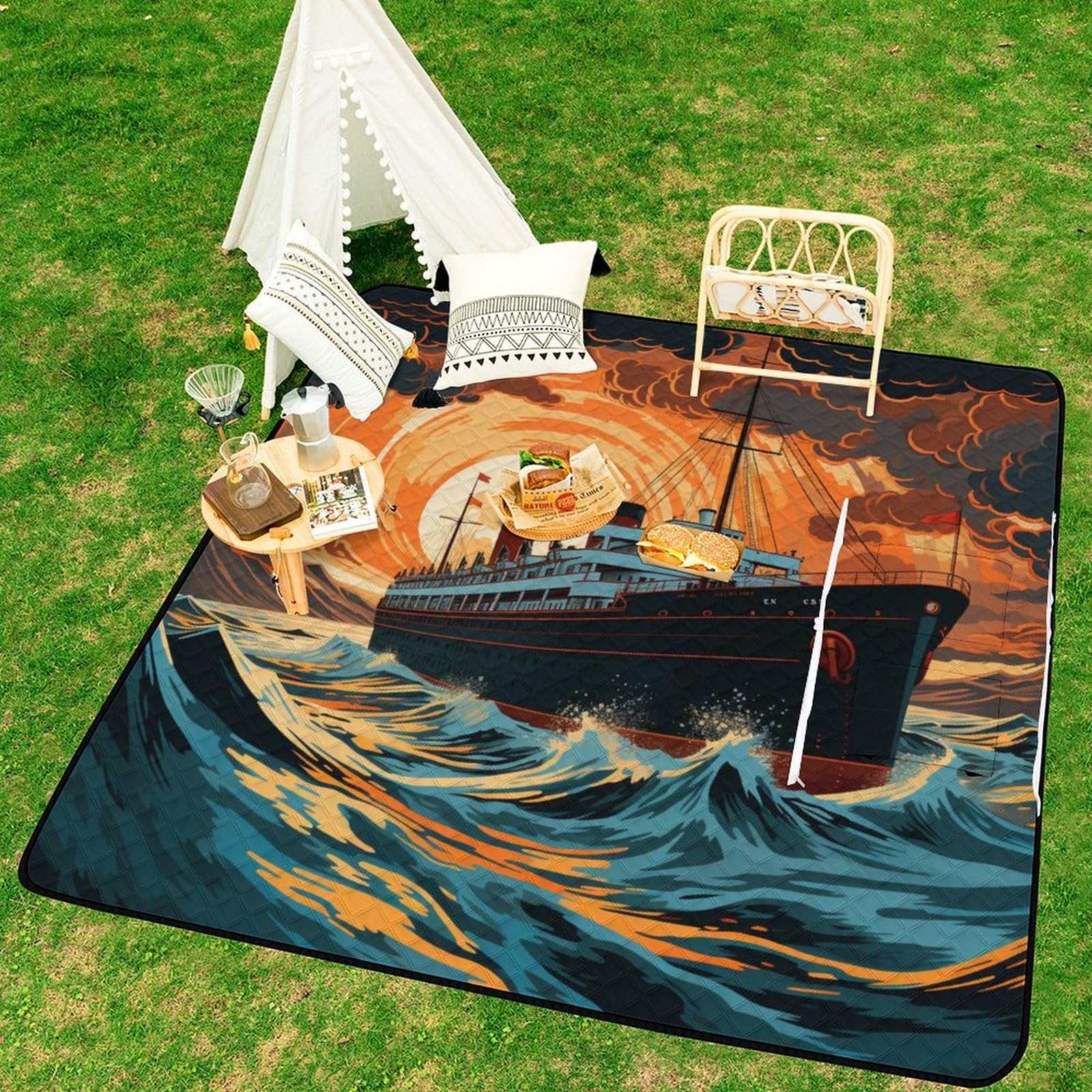 3D Stampa Novelty Nave Coperta Picnic Impermeabile arte Telo Impermeabile Pieghevole Tappeto Pic Nic Per Spiaggia Campeggio Pic-nic Attività All'aperto 200x200cm