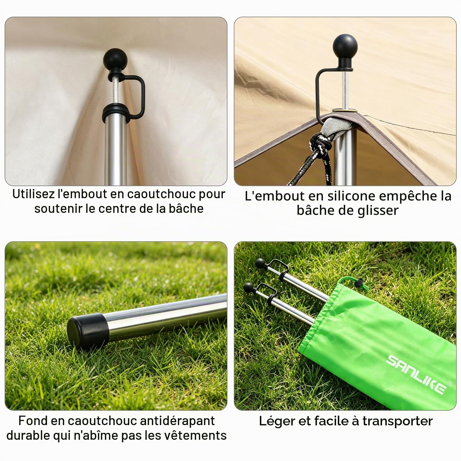 SAN LIKE Arceaux de Tente de Camping en Acier Inoxydable, Poteaux Mâts Barre Tige de Tente Camping, Poteaux Télescopiques Réglables pour Auvent de Tente pour Protection du Toit Contre Pluie