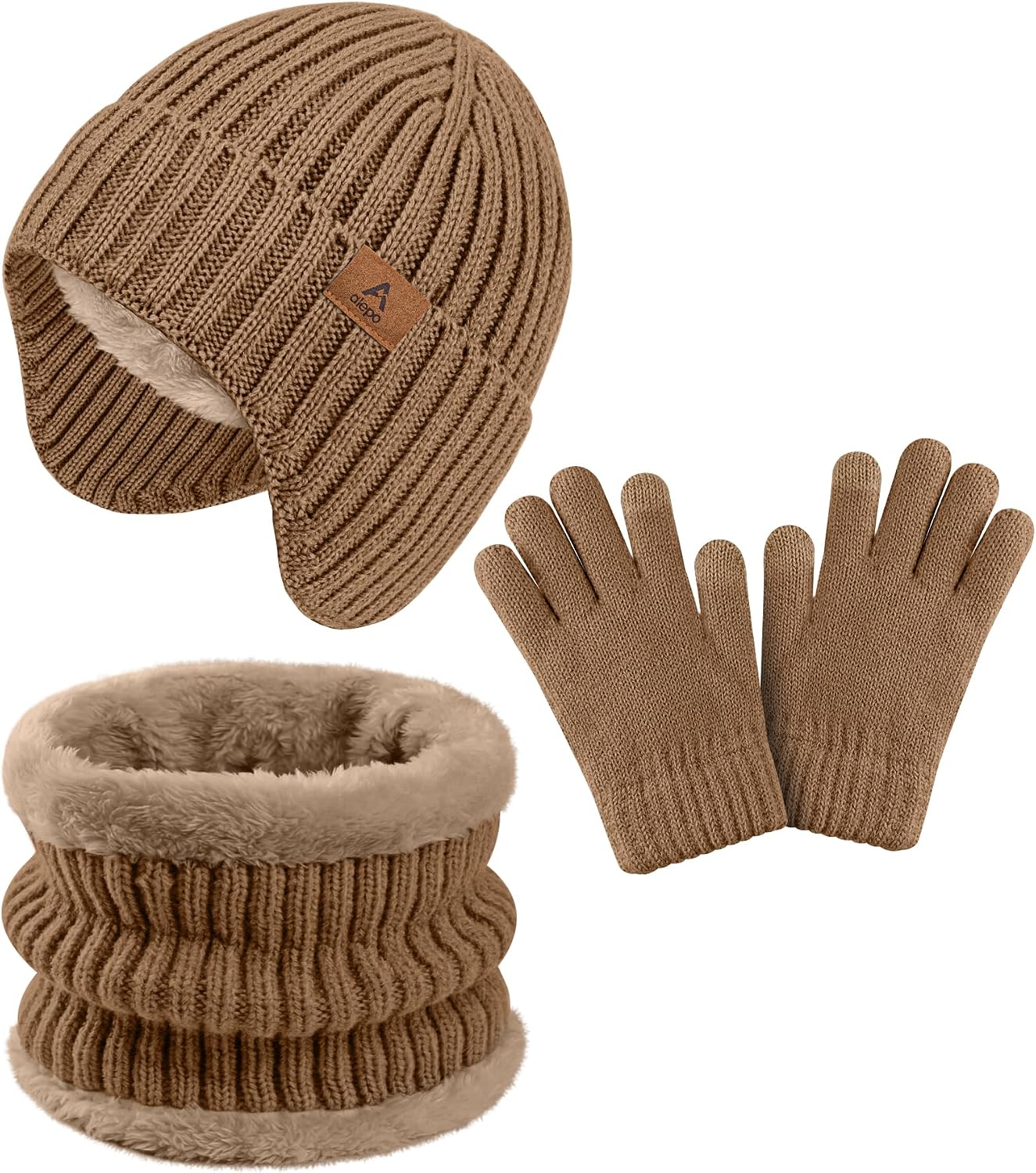 Kids Winter Hat Gloves Scarf Set, Boys Girls Cold Weather Knit Beanie with Ear Flaps & Fleece-Lined Neck Gaiter Mittens Set Color33