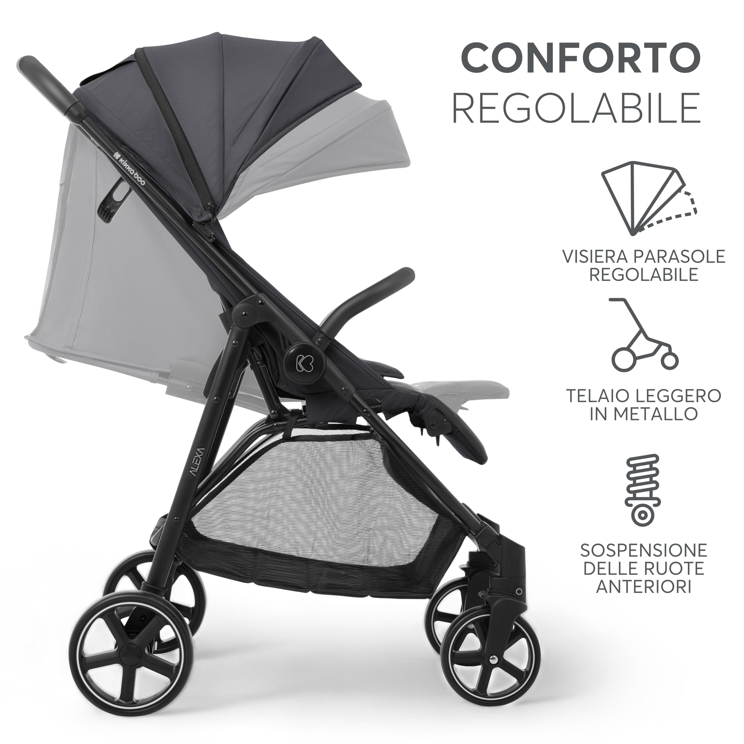 KikkaBoo ALEXA Passeggino Leggero dalla nascita fino a 22 kg, Pieghevole con una mano, Schienale reclinabile, Ruote con sospensioni, Poggiapiedi regolabile, Cintura di sicurezza a 5 punti, Grigio