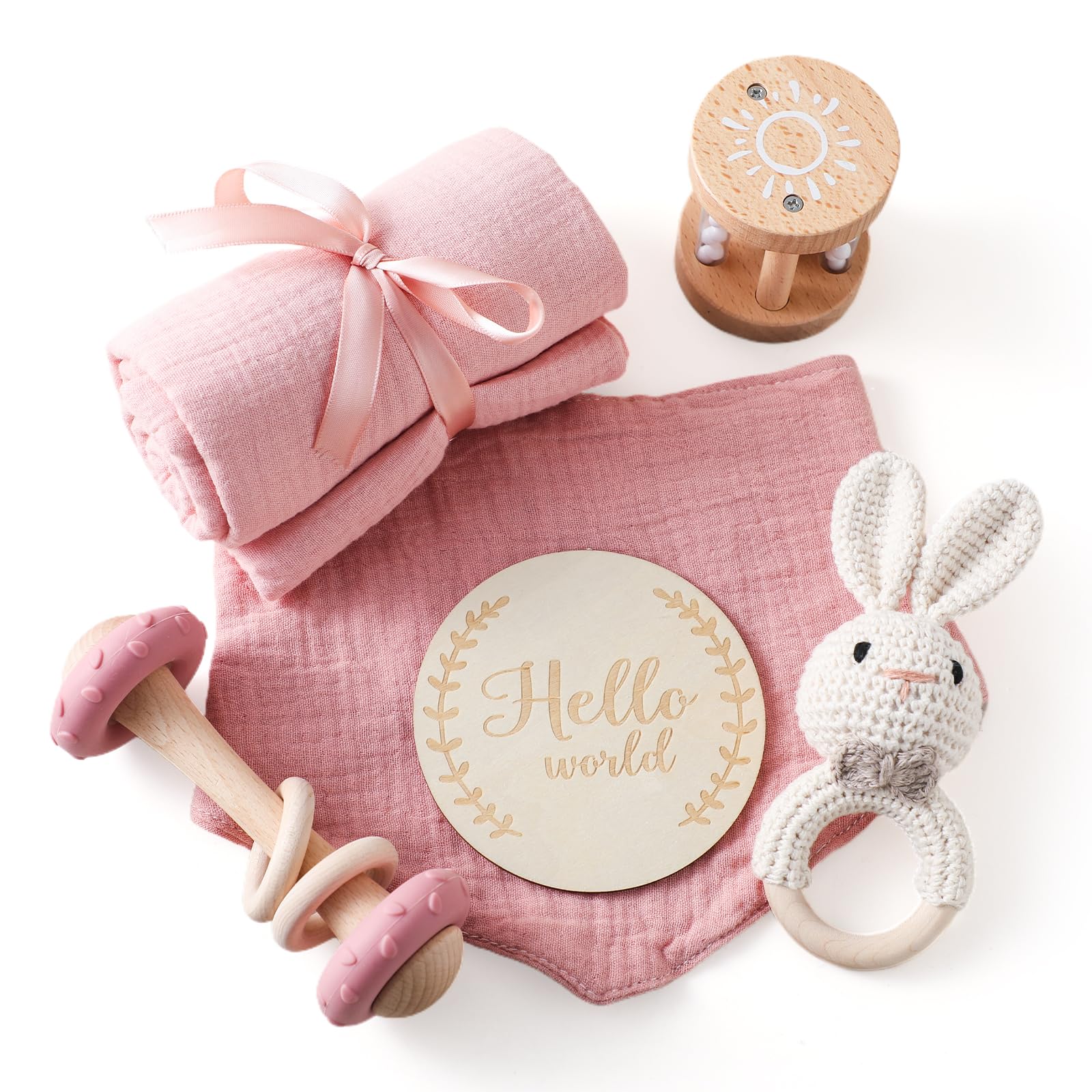 Cadeau pour nouveau-né, 6 pièces, pour bébé fille garçon – Serviettes de bain, bavoirs, jouets en bois, hochet lapin au crochet et cartes de jalons, emballage cadeau (rose)