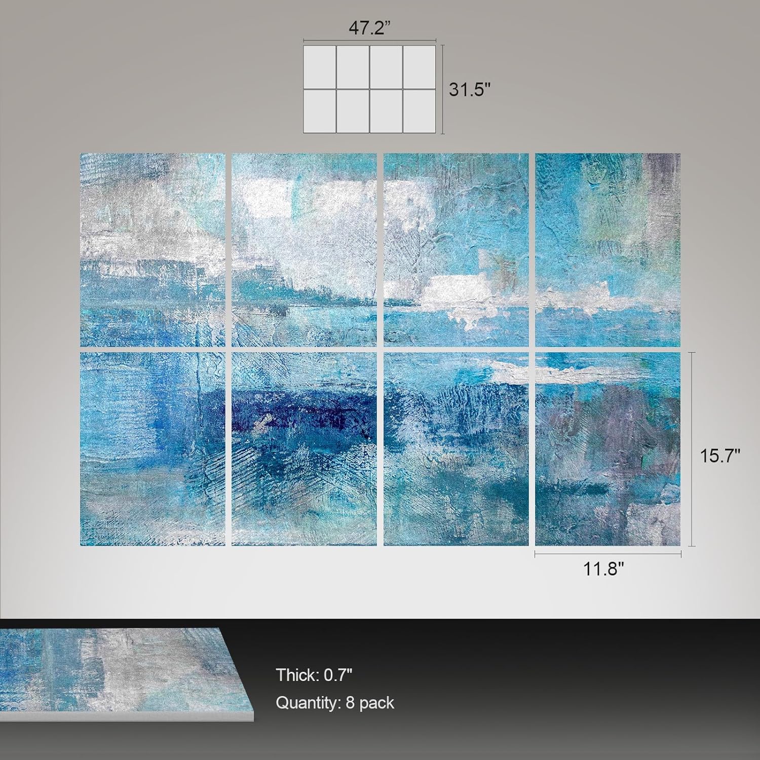 UMIACOUSTICS 8 Pcs 0.7Inch Thick Art Acoustic Panels Twice Thicker to other 0.35 Inch, Total 47.2” x 31.5” Decorative Sound Absorbing Art Panels for Home, Office, Hotel, Snow-Blue Dyeing-Fog