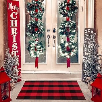 Christmas Rugs Red and Black Plaid, 2x3 Area Rug Outdoor Indoor Front Porch Doormat Cotton Hand-Woven Layered Door Mats for Entryway Patio Entryway Laundry Bedroom Living Room