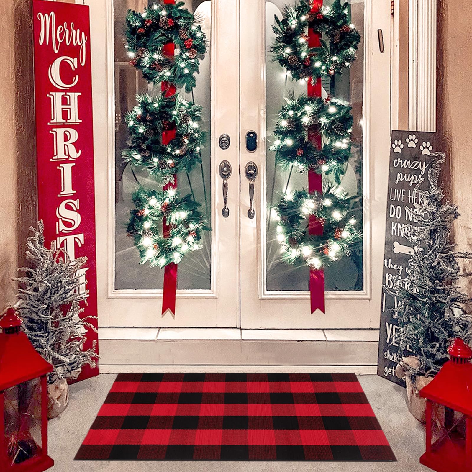 Christmas Rugs Red and Black Plaid, 4'x6' Area Rug Outdoor Indoor Front Porch Doormat Cotton Hand-Woven Layered Door Mats for Entryway Patio Entryway