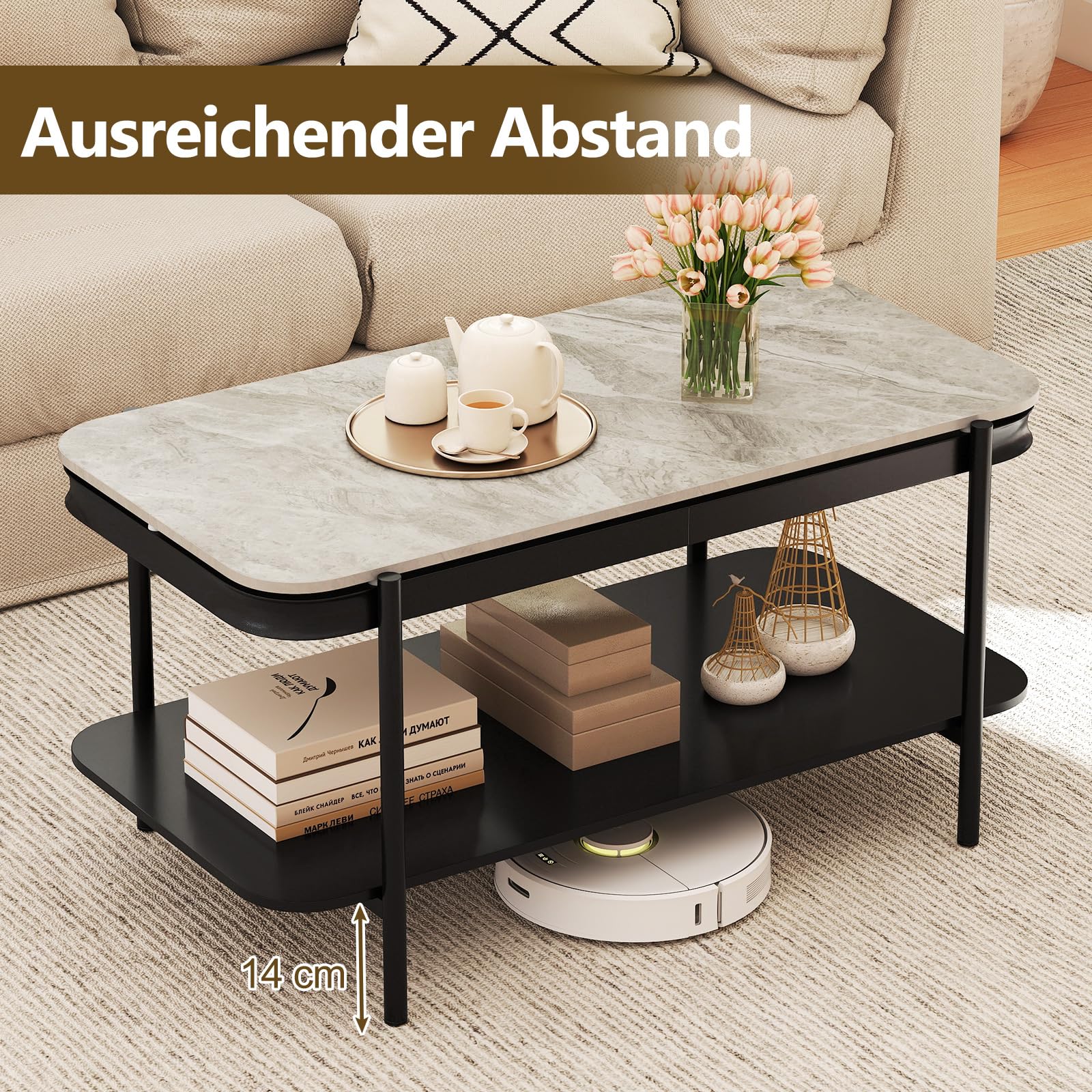 COSTWAY Couchtisch Marmor, Wohnzimmertisch mit 2 Ebenen & Metallrahmen, Sofatisch rechteckig, moderner Kaffeetisch für Wohnzimmer und Büro, 90 x 50 x 45,5 cm (Grau)
