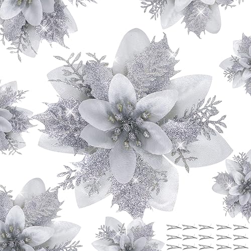 16 flores de pascua plateadas para árbol de Navidad con purpurina, flores de Pascua artificiales para decoración de flores de Pascua con clip para