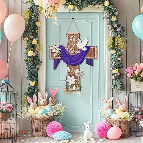 Miniatura 7 de Letrero de puerta con texto en inglés He is Risen de Pascua religiosa, decoración colgante de madera de lirio cristiano, decoración de Pascua de