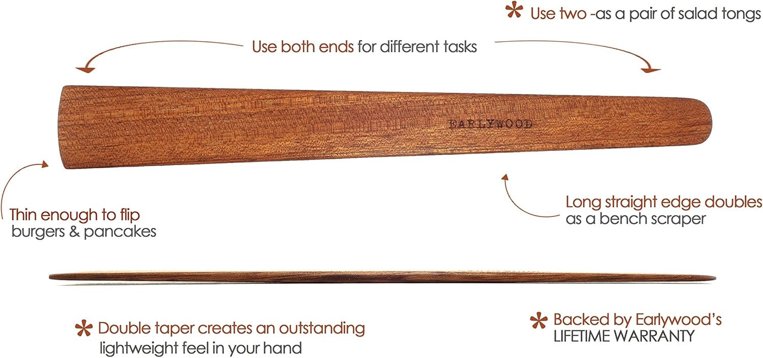 13 in Handmade Kitchen Cooking Utensil, Thin Dark Wood Saute Spatula