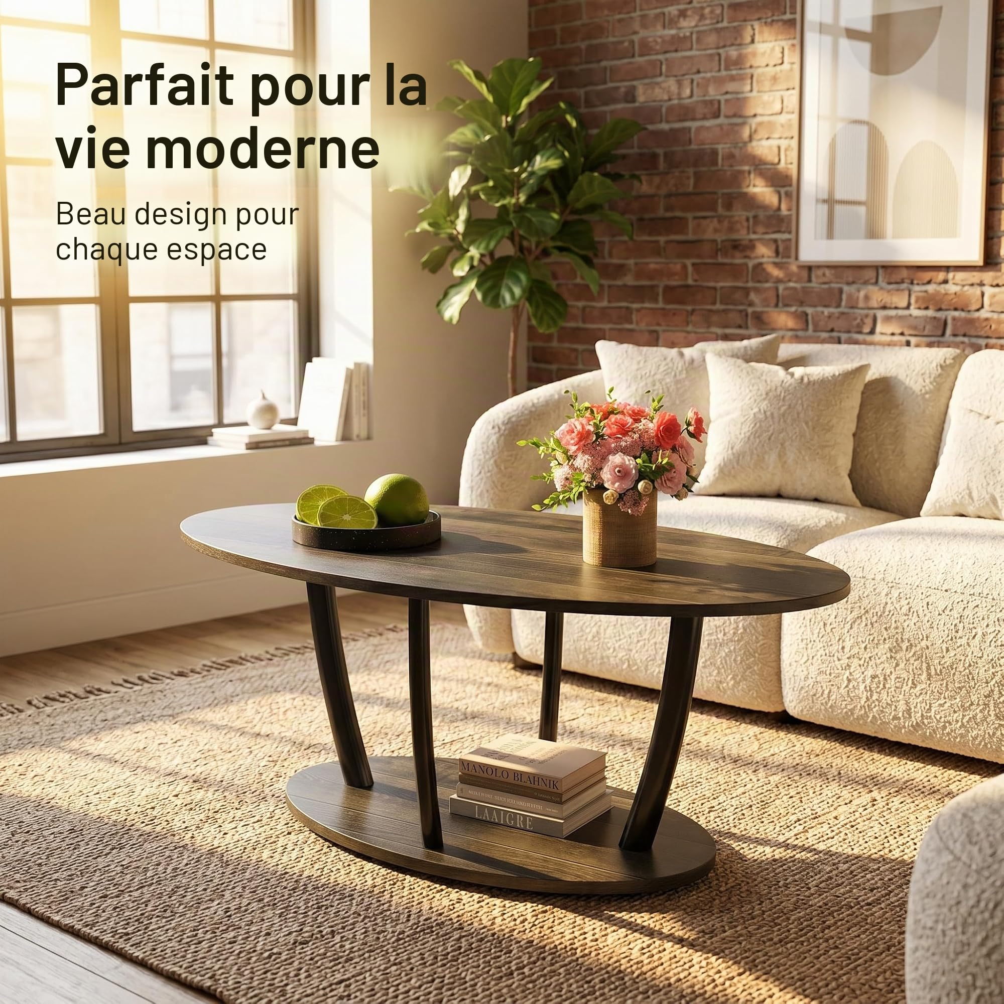 Manora Table basse ovale moderne du milieu du siècle, petites tables basses à 2 niveaux pour salon, table centrale avec étagère de rangement, gris