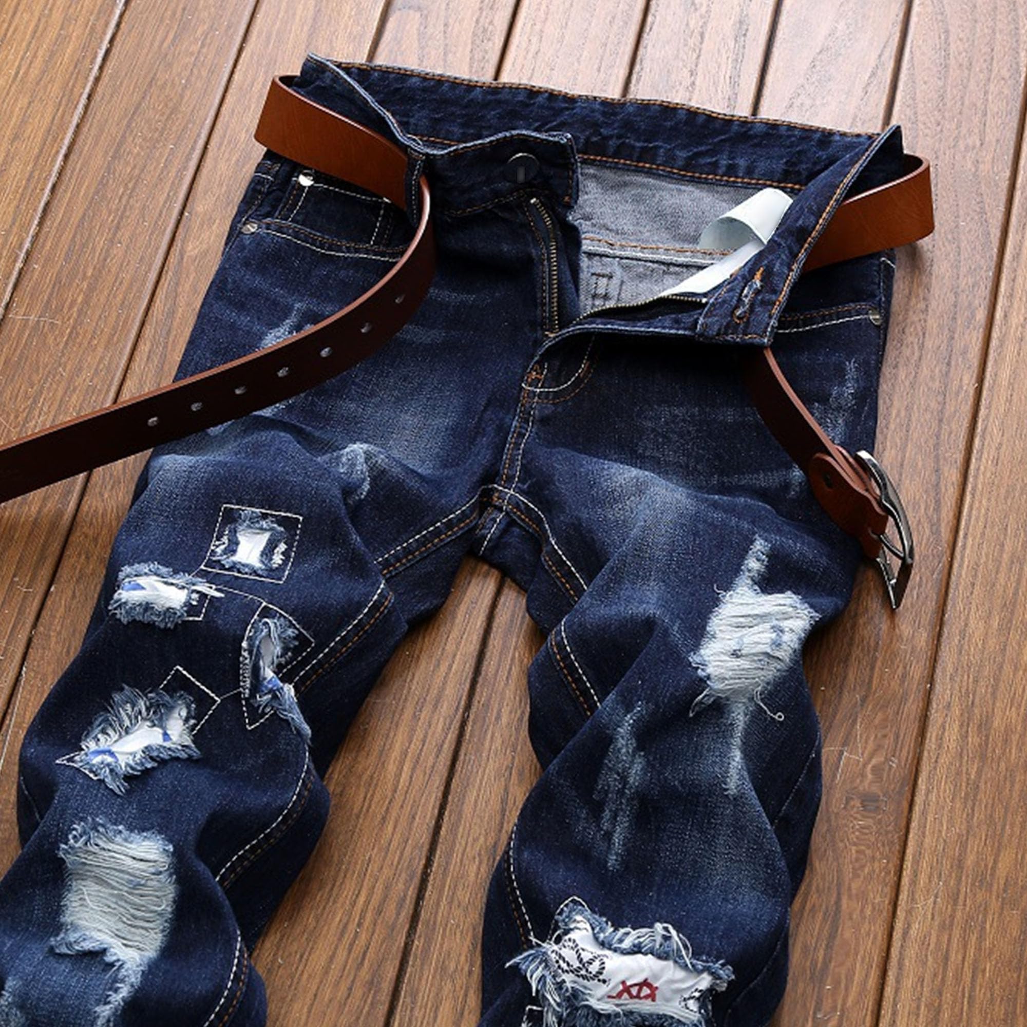 Pantalones de mezclilla de diseño de pierna recta para hombre, estilo casual, desgastado, con bolsillo, ropa de calle, pantalones elásticos elegantes para hombre