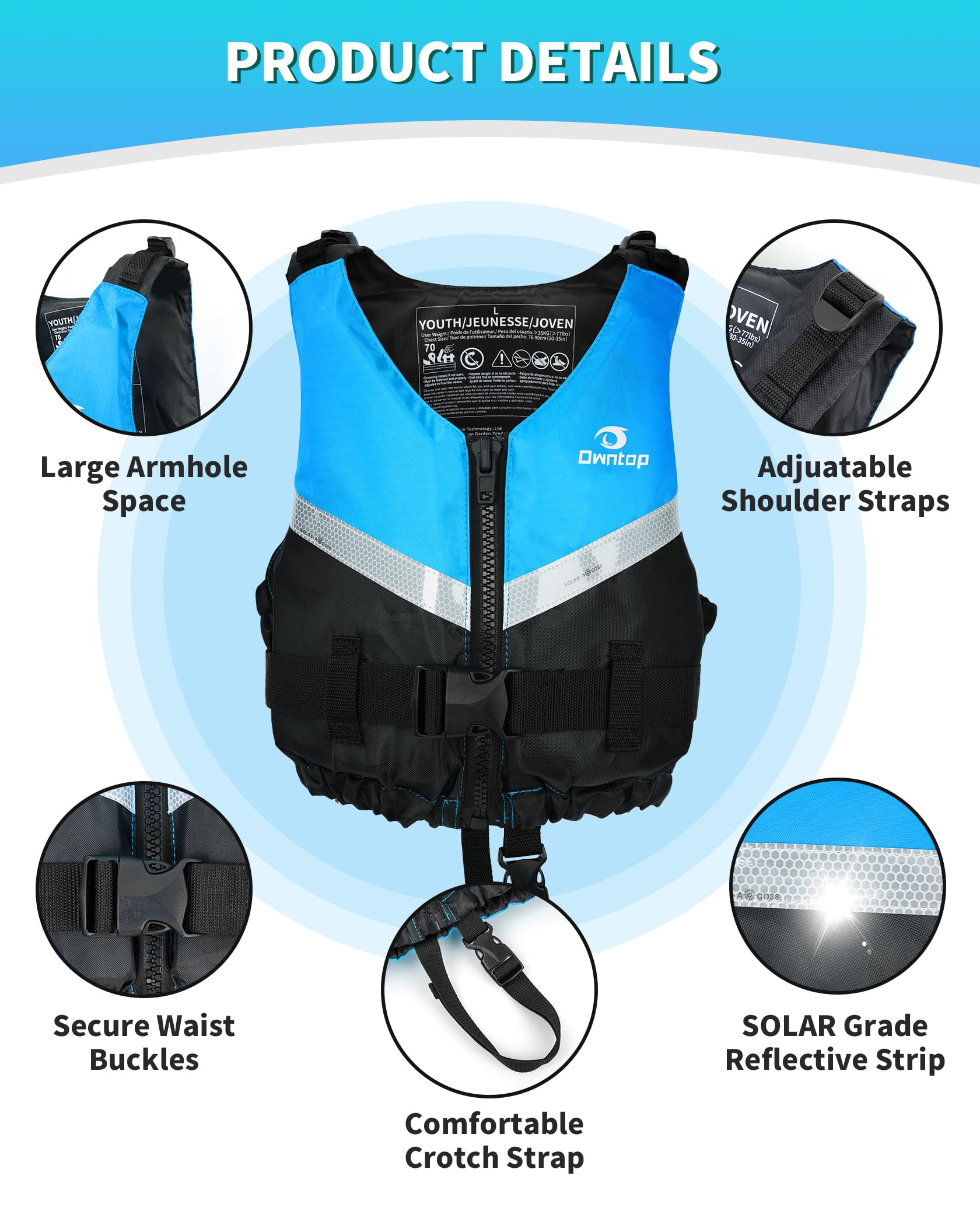 Owntop Schwimmhilfe für Erwachsene Jugendliche und Kinder, Leichte Schwimmjacke Unisex, Verstellbare Auftriebsweste Jacke mit bequemem Schrittgurt für Kajakfahren, Angeln, Schwimmtraining
