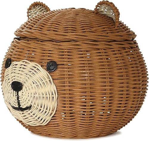 Miniatura 3 de G6 COLLECTION Cesta de almacenamiento de ratán de oso con tapa, papelera decorativa para decoración del hogar, organizador de estantes tejido a