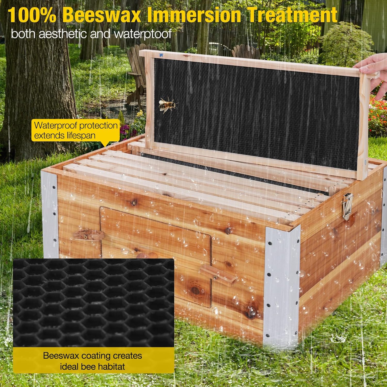 Bee Hive Bee Box 10 Frame Bee Castle with Beehive Metal Frames,100% Beeswax Coated Bee Hive Includes Waxed Foundations,2 Deep Boxes &1Medium Box(3 Layer)