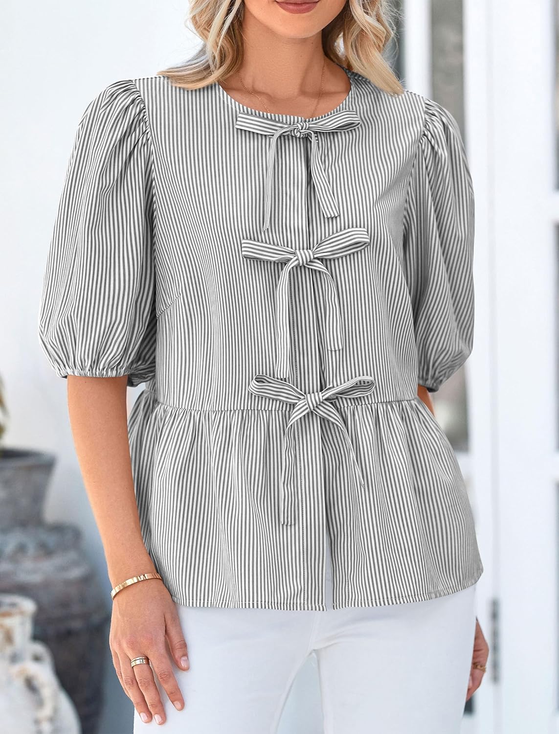 PRETTYGARDEN Women's Tie Front Striped Shirt 2026 Summer Trendy Fashion Cute Babydoll Tops Peplum Puffy Sleeve Blouse - Image 6