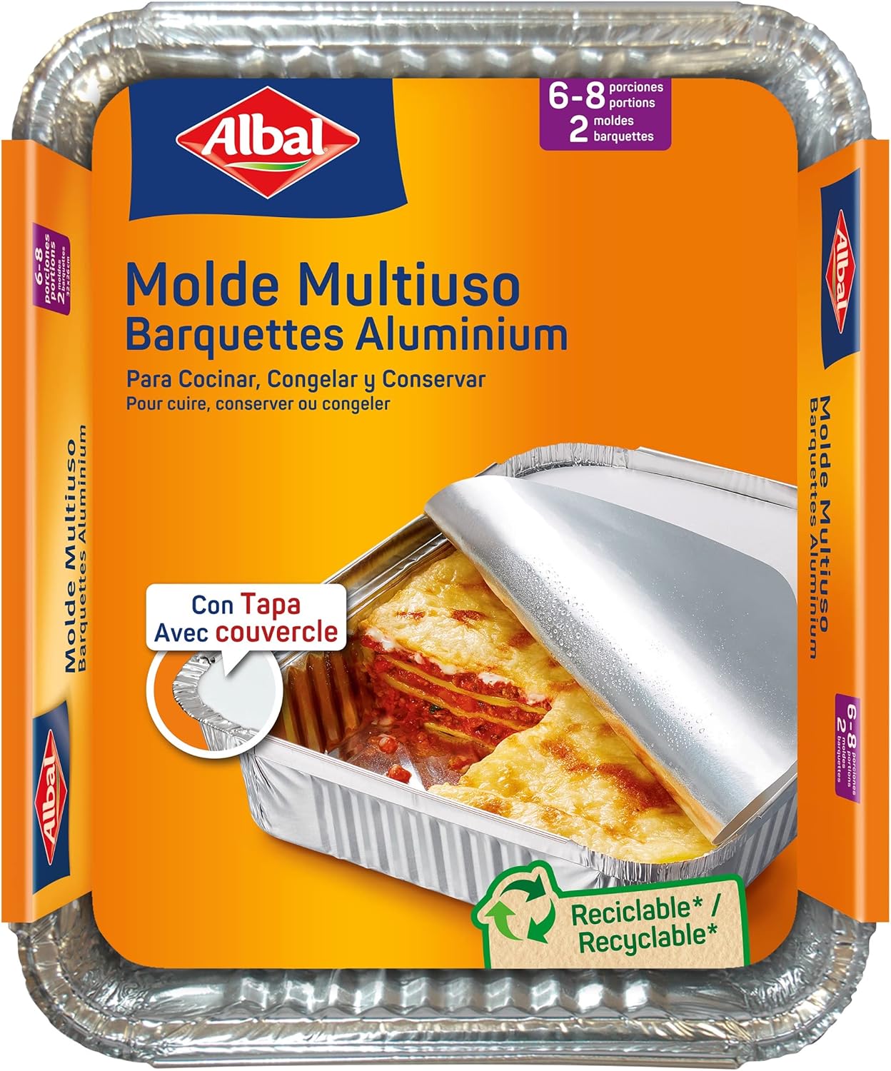 Albal Aluminum 32x26x5 Centimeters with Lid | Disposable | Roasting, Freezing and Preserving | 6-8 Servings | 2 Molds, Aluminium, Silver, 32x26 cm (Paquete de 1)