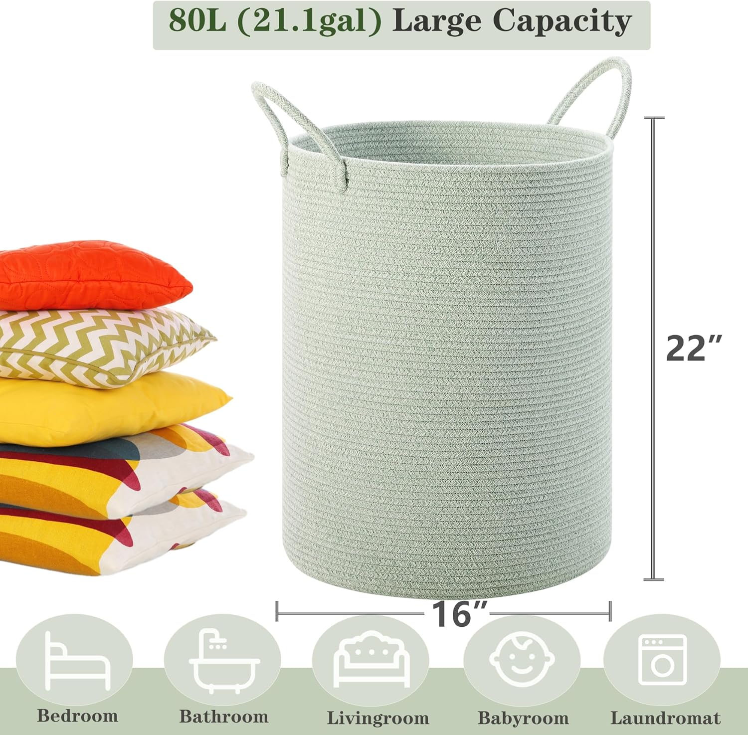 80L Extra Large Sage Green Laundry Hamper Basket, Tall Woven Hamper for Bedroom, Cotton Rope Laundry Basket for Clothes, 16x22 Inches