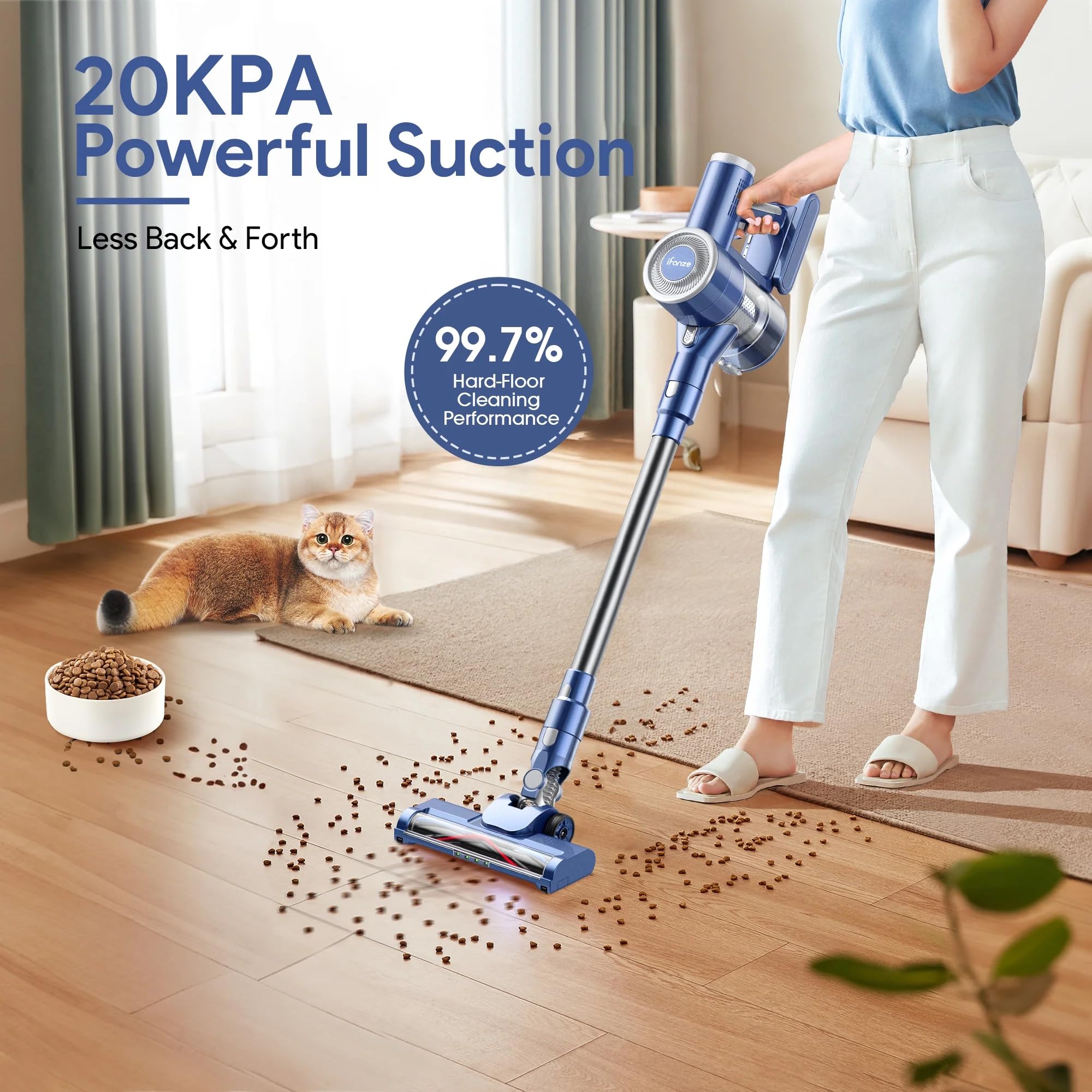 TBBSC Cordless Vacuum Cleaner for Home, Green LED Lights Self-Standing Stick Vacuum with Rechargeable 2200mAh Detachable Battery for Hardwood Floors, Carpets, and Pet Hair