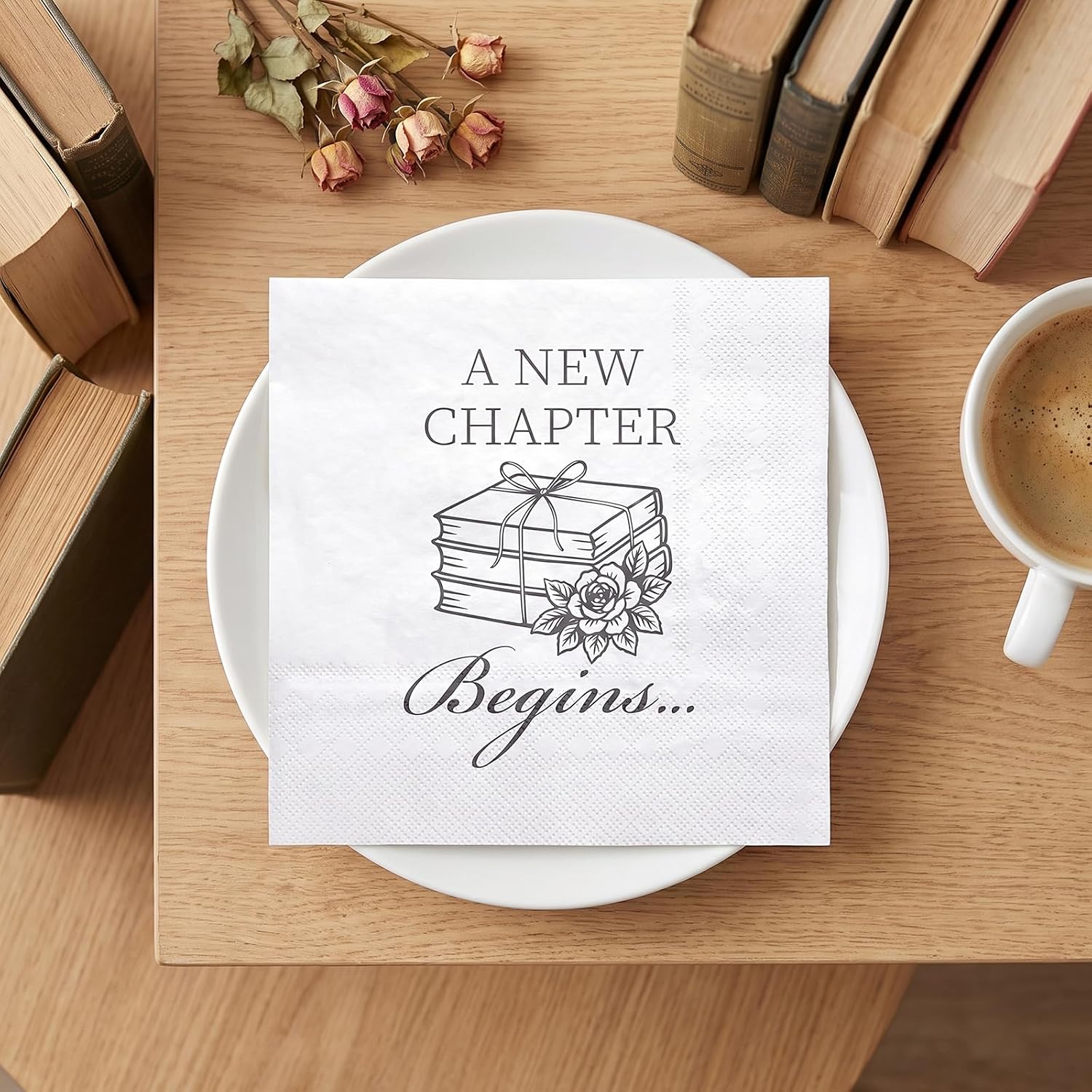 WRAPAHOLIC 25Pcs New Chapter Cocktail Napkins - 3-Ply Floral Books New Chapter Begins Disposable Paper Napkins for Bridal Shower, Baby Shower, Retirement Party, Graduation - 5 x 5 In