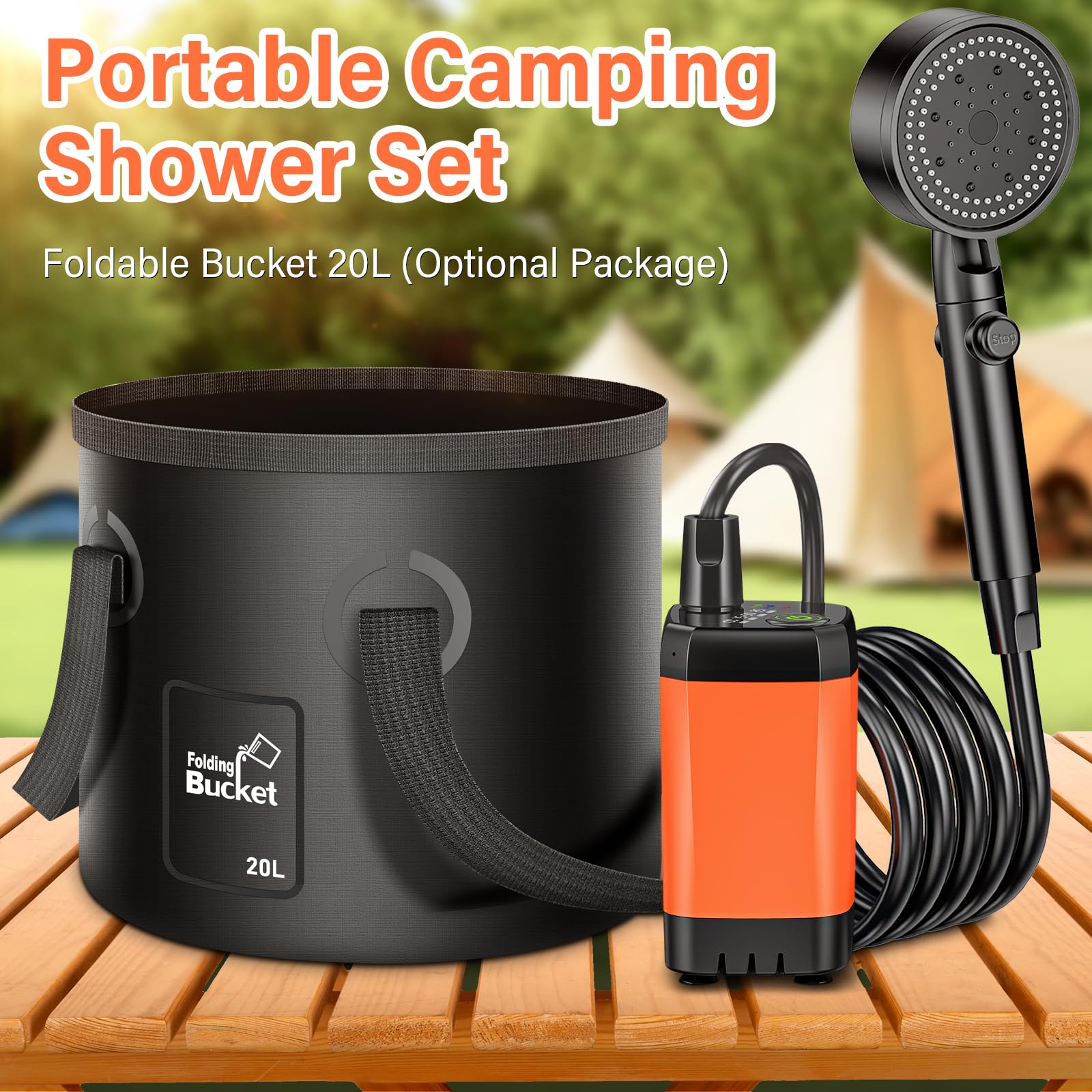 Rsaoty Campingdusche mit Pumpe, 3000mAh Campingdusche Akku Camping,Mobile Duschen Außenduschen mit Duschkopf und 2M Schlauch,intelligenter Digitalanzeige,für Garten, Strand,Haustier,Autowaschen