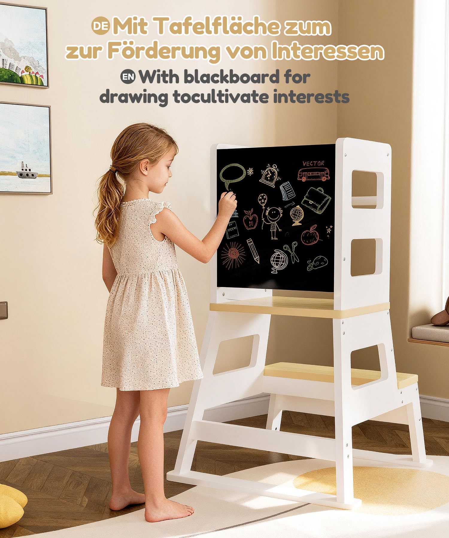 Yorbay Torre de aprendizaje para niños a partir de 1 año: elegante Torre de aprendizaje con pizarra, sólida Montessori Torre de aprendizaje para niños, con 2 niveles y barra de seguridad, para cocina