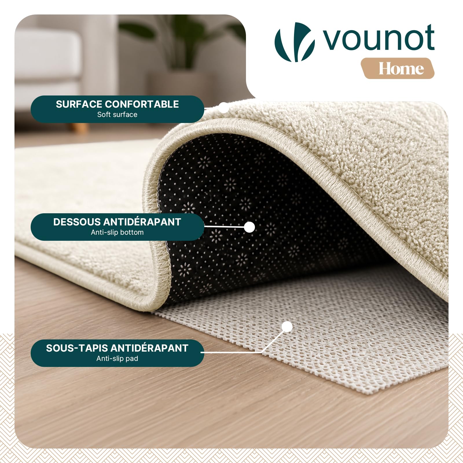 vounot ® Tapis de Salon Moderne Ultra Doux Tapis à Poils Ras Lavable en Machine avec Un sous-Tapis antidérapant fourni pour Le Salon la Chambre ou la terrasse 200x300cm Beige