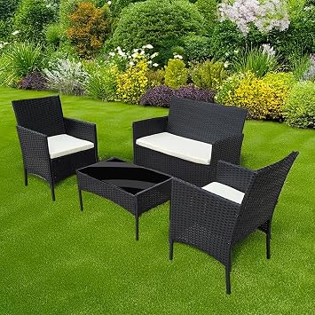 shine planet 4 Seater Garden Patio Furniture Set Rattan Garden Furniture with sponge padded water resistant cushions and Tempered Glass Table good for Garden, Backyard Black +Beige Cushions