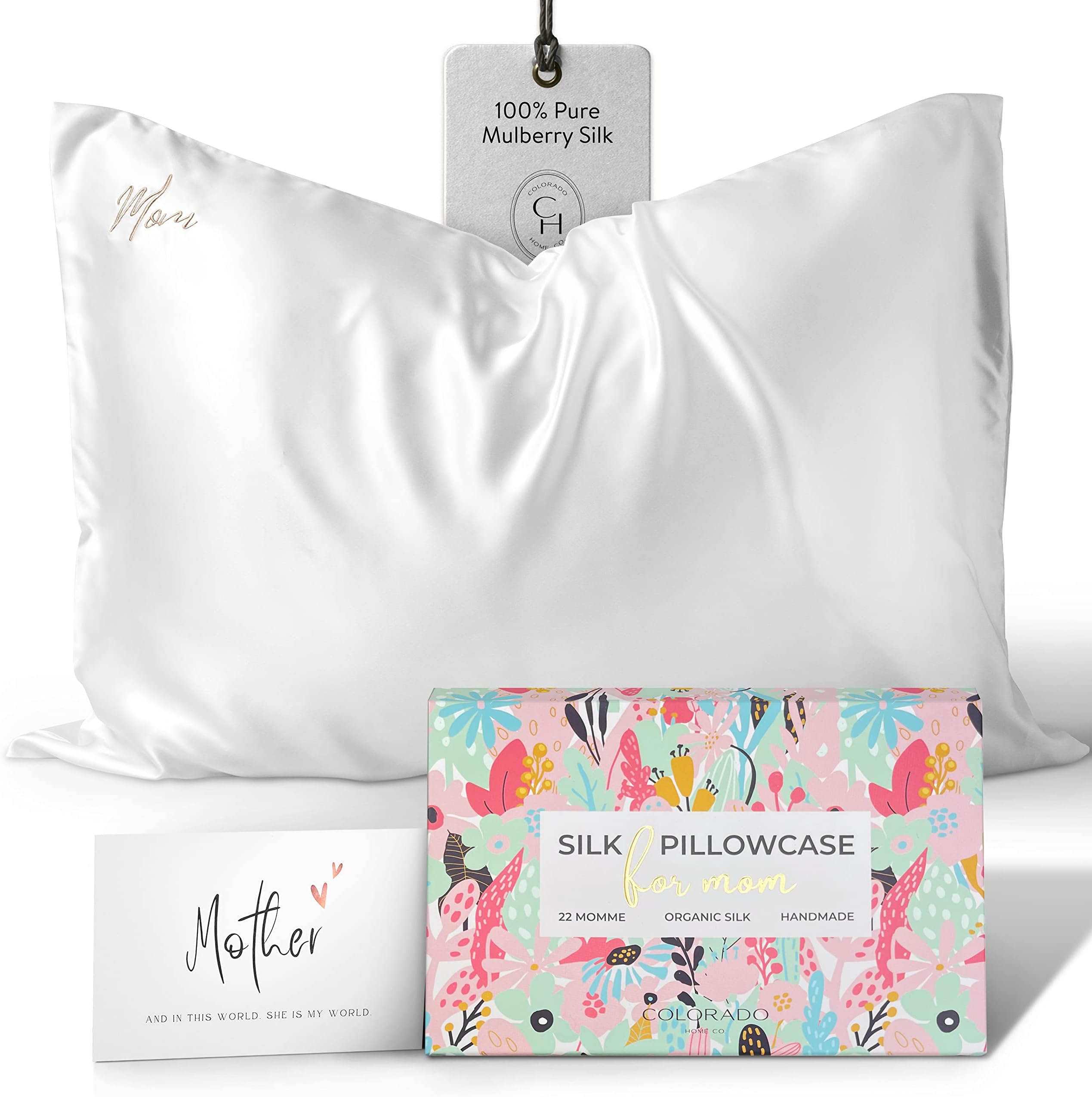 I Love You Mom Silk Pillowcase with Mom Embroidery for Mother's Day, for Mom, Wife, Daughter or Sister, Mother's Day Insert Card with Gift BoxOEKO-TEX STANDARD 100