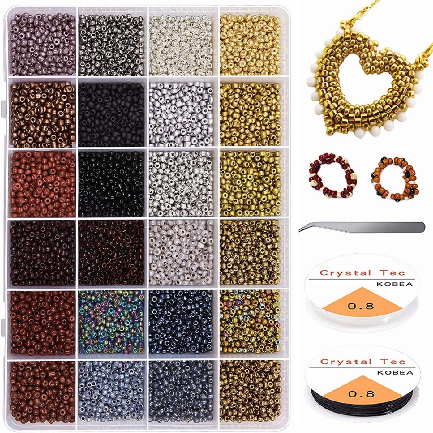 4800 Pieces 3 mm Mini Seed Beads for Threading 24 Colours Small Glass Beads Craft Beads Colourful Beads Set with Elastic Cord and Tweezers for DIY Necklace Bracelet Earring Jewellery Making