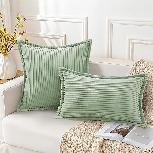 Miniatura 2 de Mecatny Juego de 2 fundas de almohada de pana de 18 x 18 pulgadas, fundas de almohada a rayas con borde ancho para sala de estar y cama, fundas