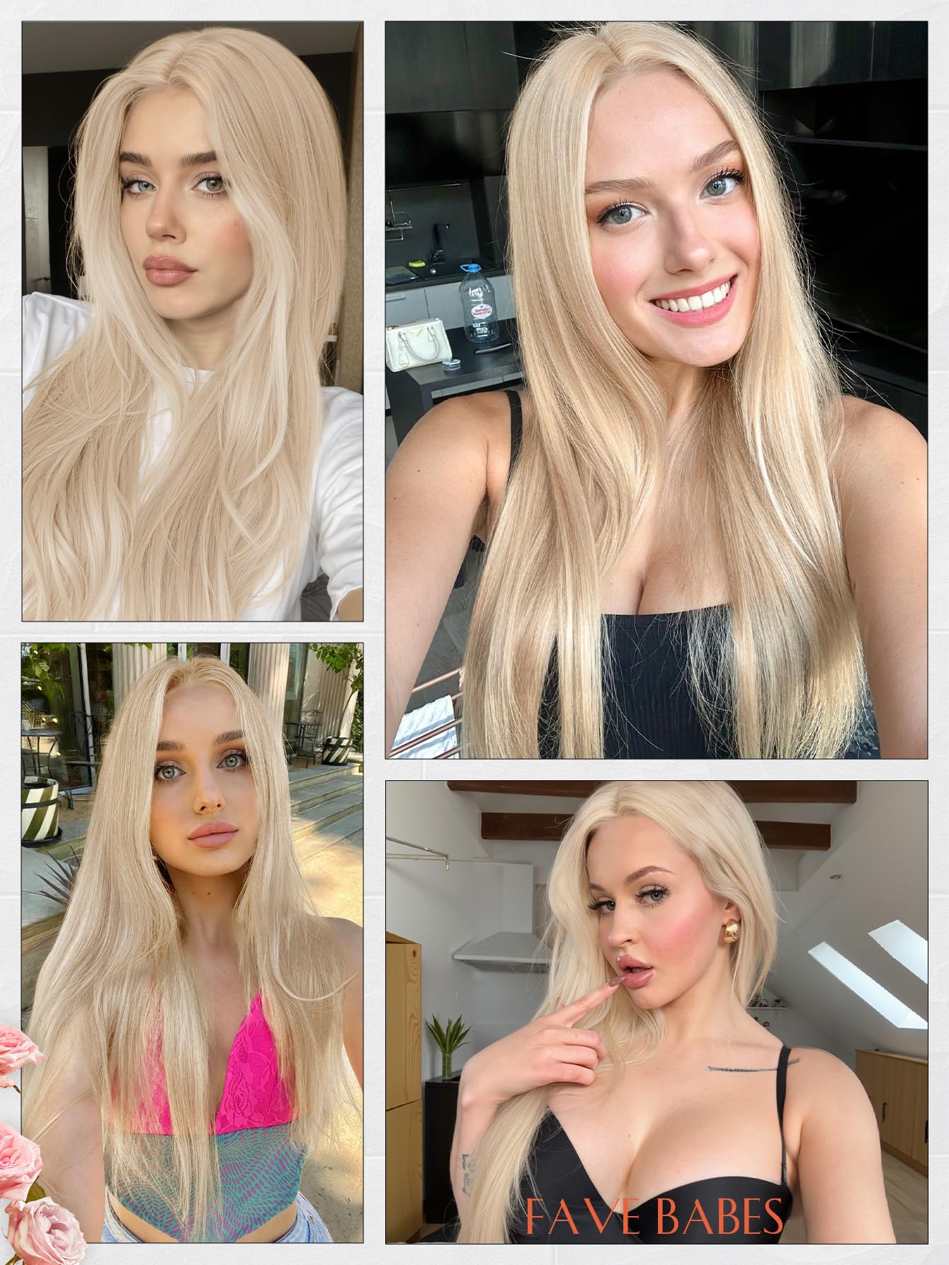 FAVE Peruka blond, 65 cm, damska, długa, odporna na wysokie temperatury, syntetyczna peruka z iluzoryczną koronką, przedziałek na środku, do noszenia na co dzień, do cosplay