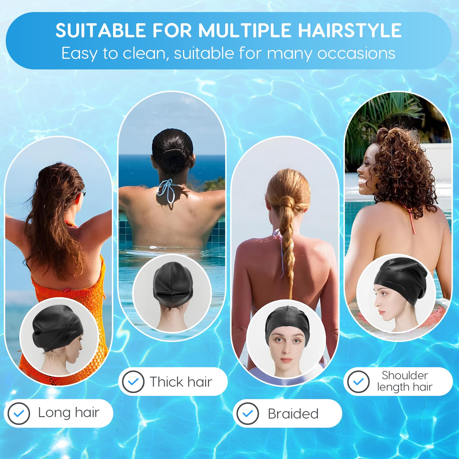 Cuffia da nuoto unisex in silicone per uomini e donne, capelli lunghi, ragazzi e ragazze, impermeabili, set di 2 con tasche per le orecchie, con 1
