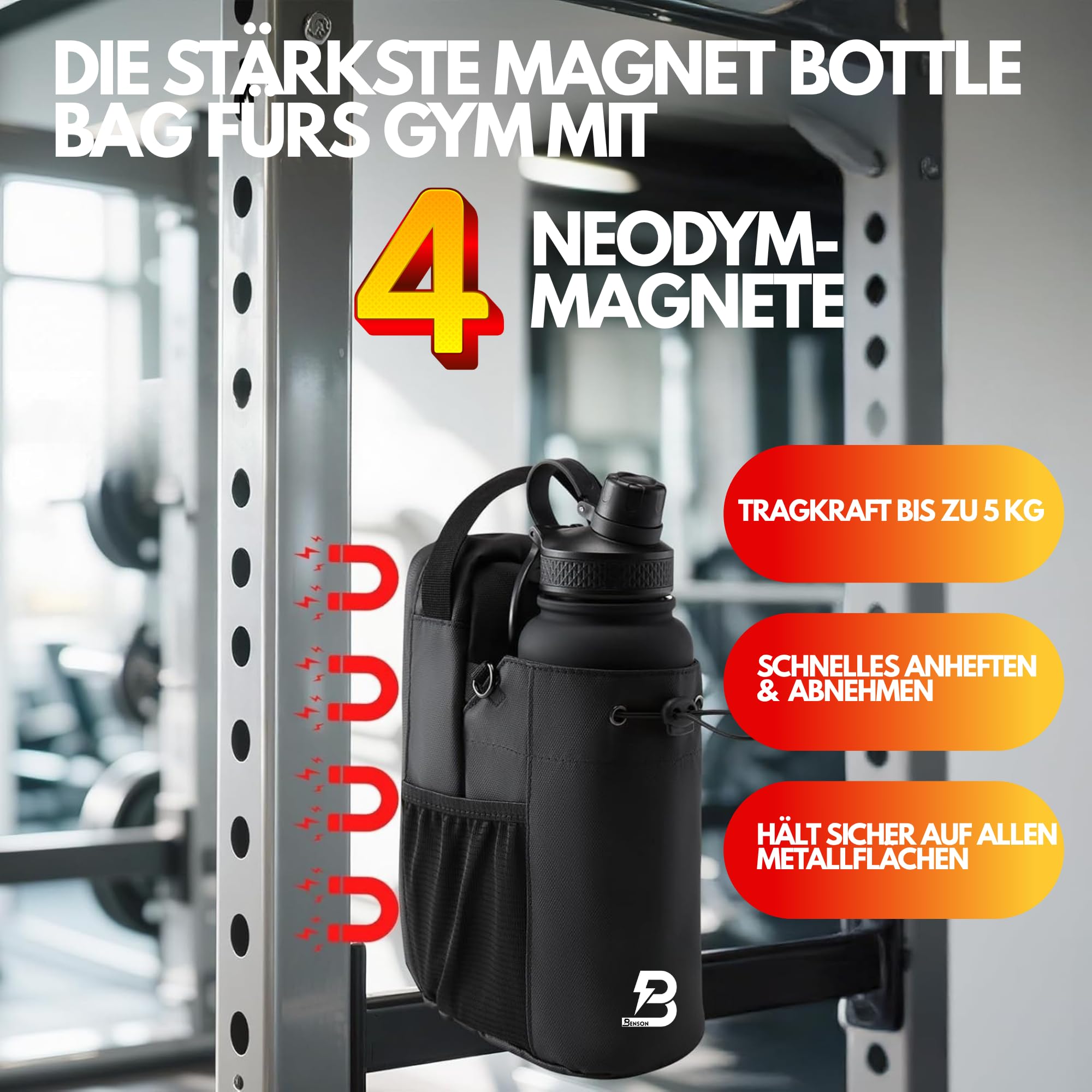 Benson - Bolsa de fitness magnética con fuerte fijación magnética, soporte para botella de 1200 ml, compartimento para teléfono móvil y mosquetón, para hombre y mujer, ideal para deportes, uso diario
