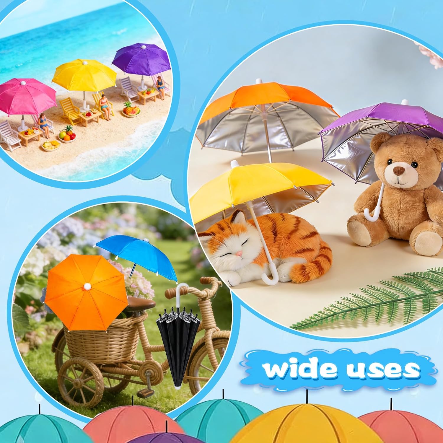 Hiawbon 1:6 Scale 8 Pcs Miniature Umbrellas Adjustable Mini Colorful Sunny Rainy Umbrella for 18 Inch People Decoration