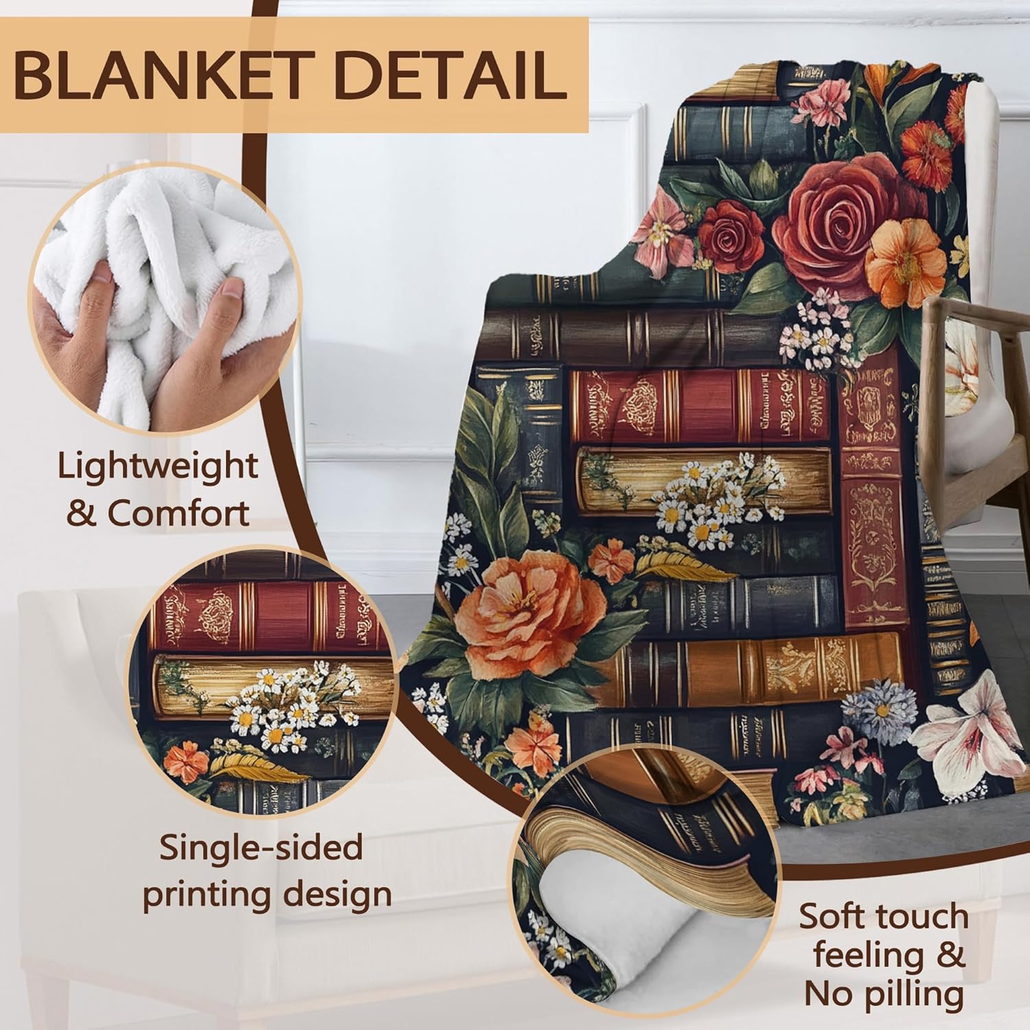 Vintage Books Fall Throw Blanket,Retro Flowers Cozy Plush Fluffy Blanket for Living Room Decor,Lightweight Fleece Throws for Couch,Bed,Traveling,Naps,Reading,50 X 60 Inch